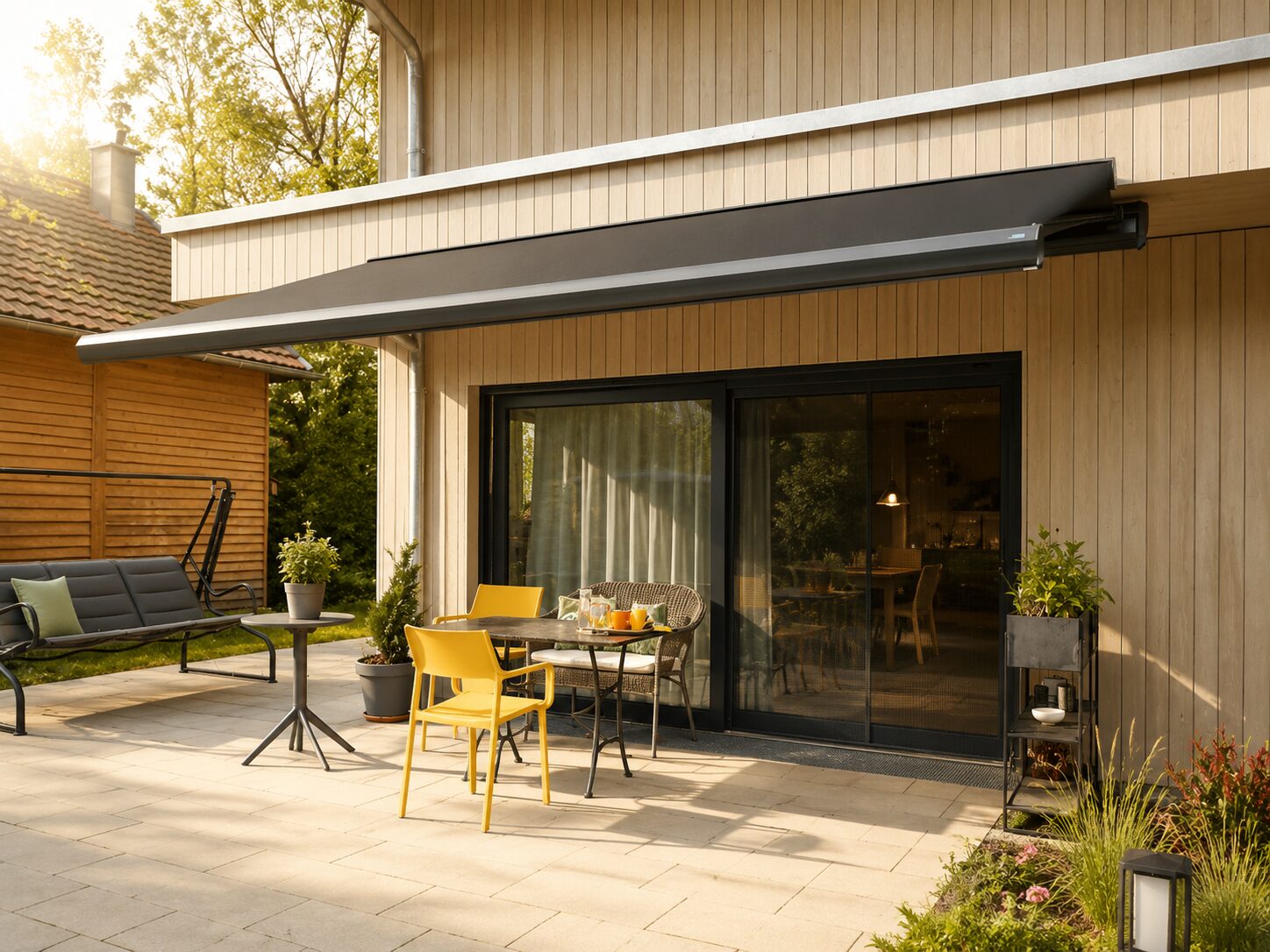 Gelenkarmmarkise über Terrasse als außenliegender Sonnenschutz – Lenz Wohntex Michelfeld